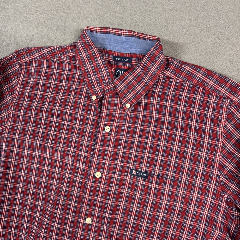 Chaps Shirt Mens Medium Red Tartan Plaid Easy Care Long Sleeve Button Down